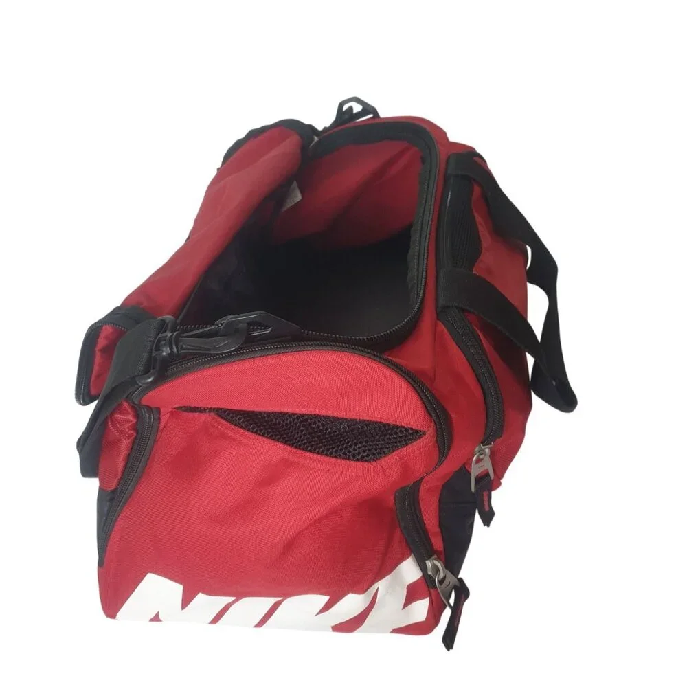 Nike Sports Duffle Bag Red Black Training Swoosh Gym Travel Mesh Pockets